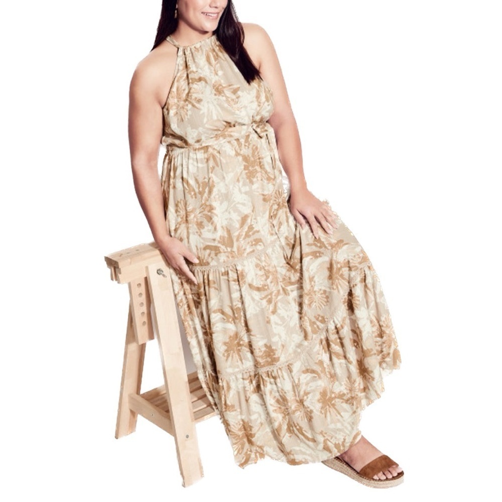 ARNA YORK Raine Halter Neck Linen Blend Cream & Tan Maxi Dress - Picture 3 of 9